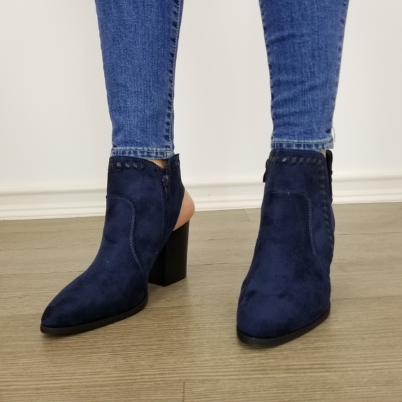 Pointy Toe Navy  Suede Ankle Boots With Sling Back - Picture 8 of 8